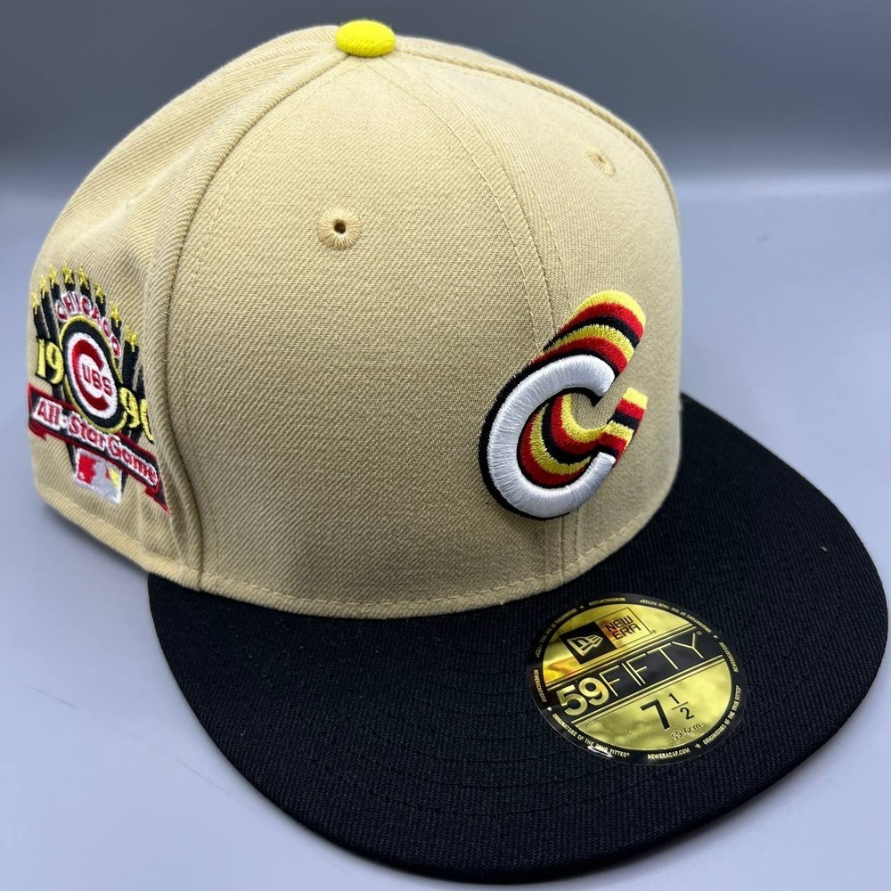 Chicago Cubs Hat Men 7 1/2 Beige Red 59Fifty New Era Fitted Cap
